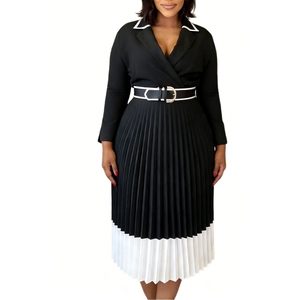 Robe midi plissée à encolure croisée pour femme - Ourlet blanc contrastant et taille cintrée - Robes africaines formelles pour femmes - Mode - Product Image 2