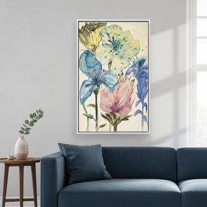 Toile imprimée de fleurs bleues et jaunes, art déco, art mural botanique, panneau encadré transparent à suspendre - Product Image 3