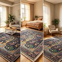 Polyester-Teppich mit Lebhaftem Lebensbaum-Muster, Vintage-Stil, Rutschfest, Niedrigflorig, Bedruckt mit Latex-Rückseite für Wohnzimmer und Esszimmer