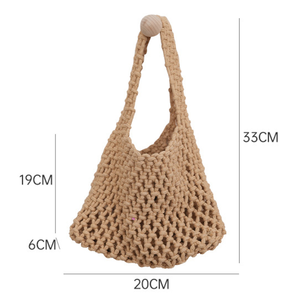 ถุงตาข่ายผ้าฝ้ายถักมือกระเป๋าชายหาดวันหยุดทรงถังมีเชือกสีลูกกวาดออกแบบโลโก้ได้ตามต้องการ - Product Image 6