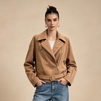 Blouson en cuir pour femme style motard en daim et peau de mouton, revers et poignets ajustés, fermeture éclair, imperméable, coupe-vent, pour le printemps, la conduite urbaine et les voyages