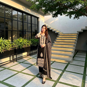 Black Embroidered <b>Indian</b> Pakistani Set Long Coat Embroidered <b>Top</b> and Pants Ramadan Eid Formal Wear - Product Image 1