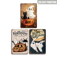 Linda Letrero Metálico de Gato Fantasma Negro y Calabaza, Decoración de Pared de Feliz Halloween para Puerta Principal, Adorno Rústico
