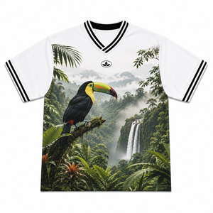 T-shirt de football rétro à motif graphique Toucan, impression par sublimation de haute qualité, motifs personnalisés, vente en gros OEM - Product Image 1