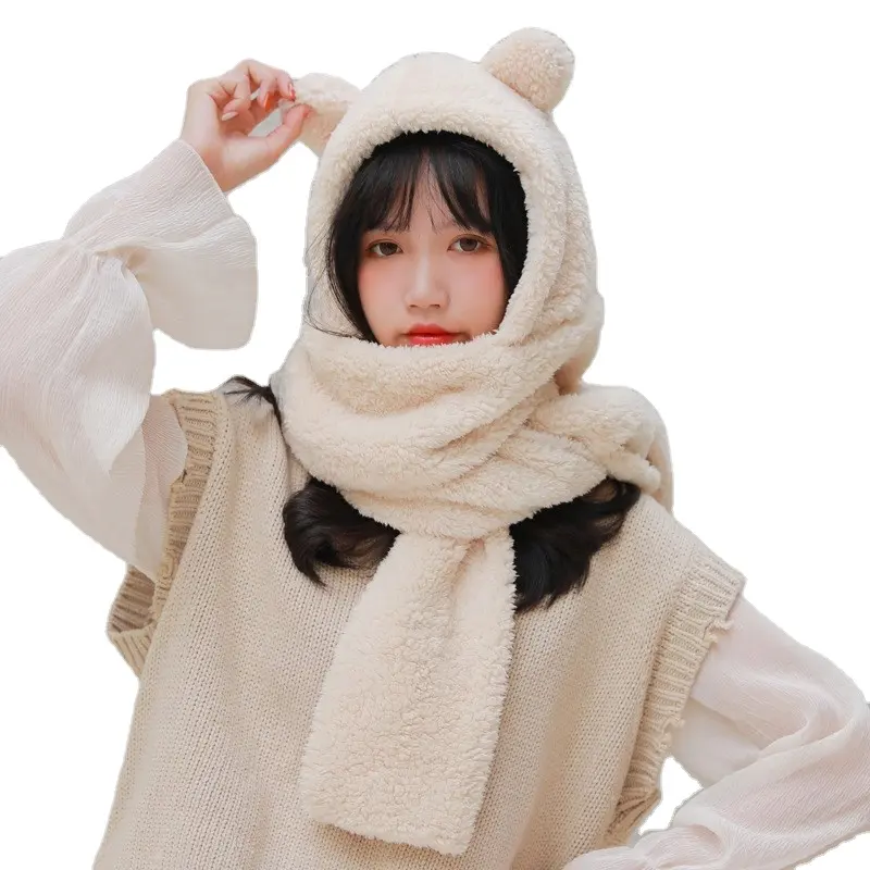 New Style Cute Bear Ear Hats Fleece Winter Beanie Hat Luxury Winter Fluffy Hat Scarf Set