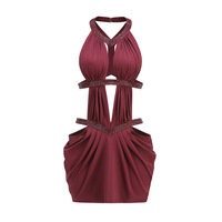 Robe moulante mini sexy à découpes pour femme, élégante, avec strass, sans manches, dos nu, pour cocktail, froncée