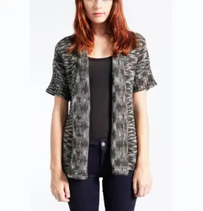 50% Lã/50% Acrílico Marl V-neck manga curta Cardigan Camisola de malha feminina