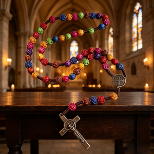 Chapelet catholique en résine de haute qualité, rond, avec perles d'Assise, motif croix, 20 chevaliers templiers, vente en gros, en vrac, pour la vente en gros de articles religieux. - Product Image 1