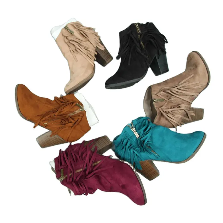 Botas femininas elegantes, sapatos de dedo do pé com borla, salto robusto, tornozelo, venda imperdível