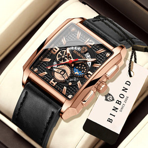Binbond Square Skeleton Quartz Watch Men's Leather Strap Moon Phase Analog 30M Waterproof B6575 - Product Image 1