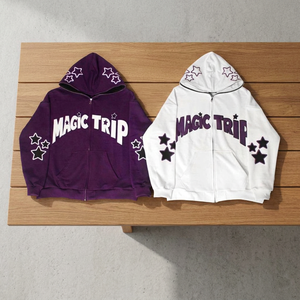 เสื้อฮู้ด Magic Trip แบบซิป โอเวอร์ไซส์ ผ้าฟลีซ ยูนิเซ็กส์ สไตล์ลำลอง สำหรับฤดูใบไม้ร่วง สีขาว-ม่วง ลายดาว - Product Image 2