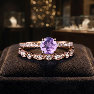 Anillo de Compromiso de Amatista Chapado en Oro Rosa con Detalles de Diamantes, Engaste de Puntas, Joyería Romántica para Mujer - Product Image 2