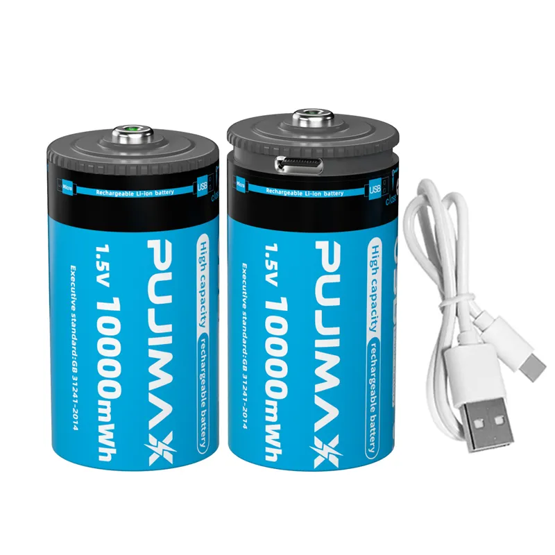 PUJIMAX-batería recargable universal de iones de litio, 1,5 v, tamaño d, 10000mwh, usb tipo c, cargador de 1,5 v para calentador, 1 ud.