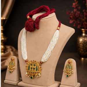 Gold Beaded Necklace and <b>Earring</b> Set with Pearl Strand Tassel Design for Wedding Ethnic Jewelry Women's\ - Product Image 5