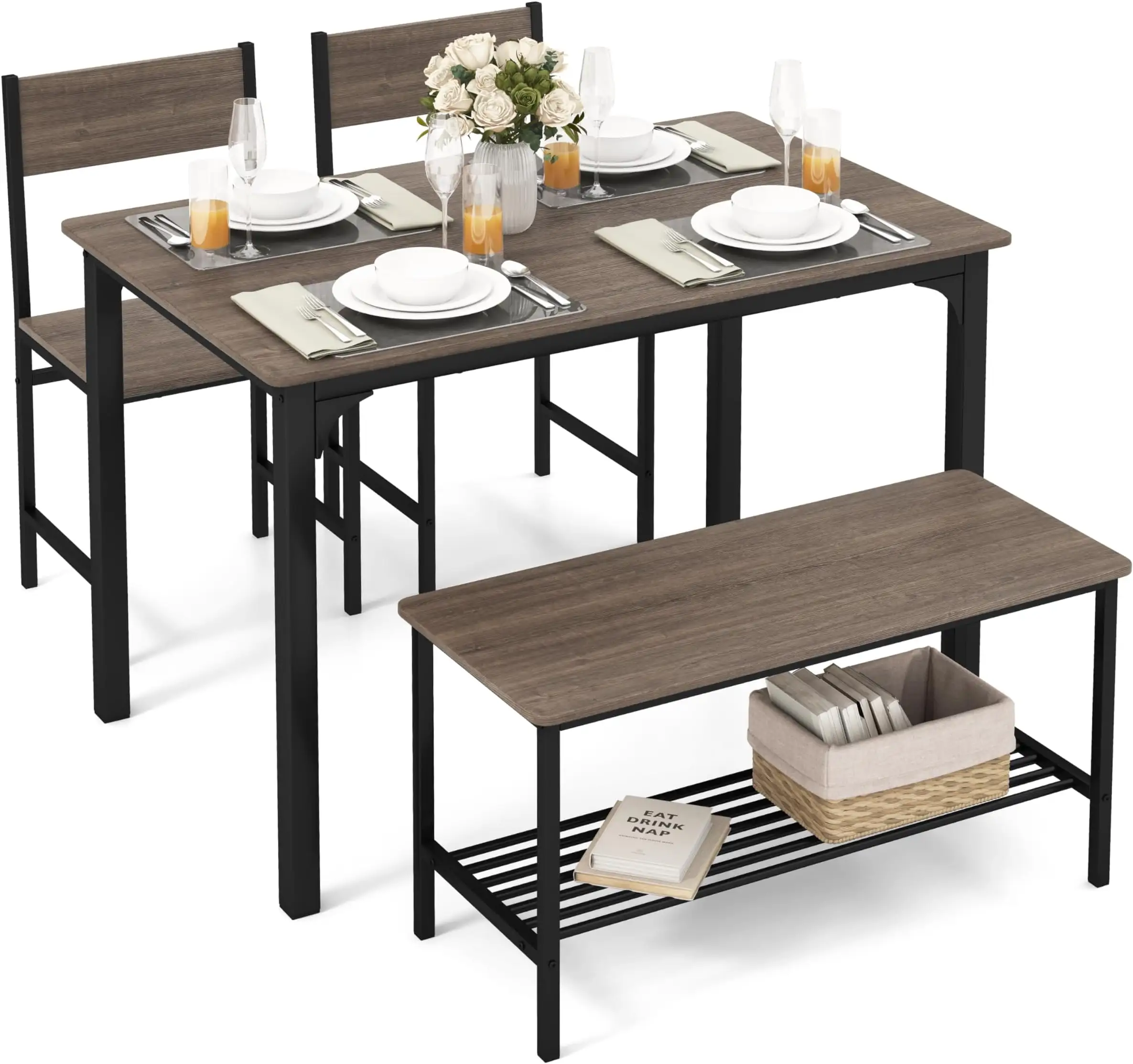 4-5 person metal support wooden dining table set with two chairs and one long chair apartment dining room