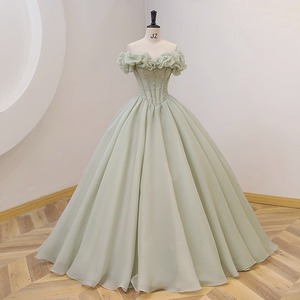 Strapless Evening Gown Light Green Empire Waist Ruffles Formal Dress For Banquet Annual Meeting - Product Image 1