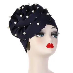 2019 Hot Selling Latest Style Fashion Women Muslim Hijab with Pearl Beaded Large Flower Turban Hat