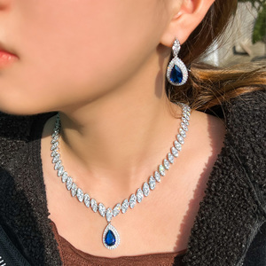 Wunderschöne Königsblau Zirkonia Braut Hochzeit Wasser tropfen Halskette Ohrring Schmuck Set für Frauen Brautjungfer Zubehör - Product Image 4