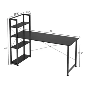 โต๊ะคอมพิวเตอร์ขนาดใหญ่63นิ้วแข็งแรงพร้อมชั้นวาง4ชั้นโต๊ะอ่านหนังสือส่วนตัว