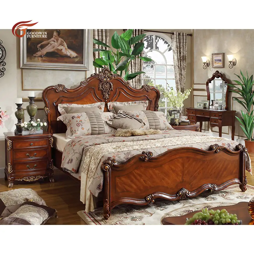 Деревянный резной дизайн кровати мебели спальни королевская кровать WA622