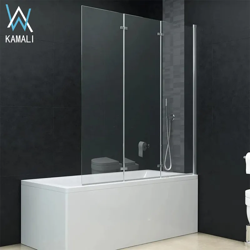 Kamali sıcak satış fabrika fiyat özel 3 katlanır çerçevesiz temperli cam küvet Pivot duş kapısı, küvet duş ekranı