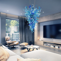 Lustre moderne en verre de Murano soufflé à la main, grand modèle, avec éclairage LED, bleu, pour escalier, maison, hôtel