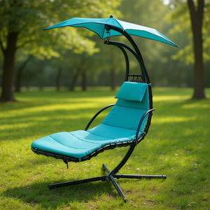 Chaise longue de jardin en acier courbé bleu sarcelle avec coussin intégré et auvent amovible - Product Image 2