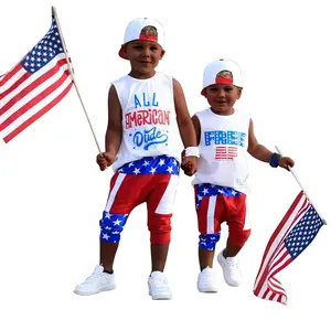 Nouveau modèle de vêtements pour enfants en coton imprimé USA pour garçons ensemble de vêtements d'été pour garçons débardeurs et shorts pour enfants vente en gros