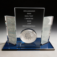 Trofeo de Cristal Neelpure 178096 con Grabado de Virus y Globo Terráqueo de Triple Panel con Base Azul para Premios en Salud y Bienes Raíces