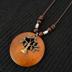 2026 autunno retrò Vintage rotondo in legno naturale antico rame placcato gufo fiore albero della vita autunno foglia collana per gli uomini delle donne - Product Image 3