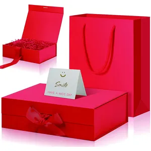 Koper Hadiah Pernikahan Pesta Pengantin Kustom Penutup Magnetik Kertas Lipat Kotak Hadiah Pengiring Pengantin Merah Muda dengan Pita