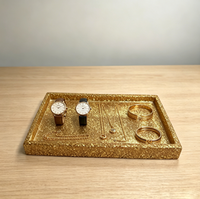 Plateau de rangement rectangulaire long en résine dorée scintillante pour salle de bain et cuisine, idéal pour parfums, bijoux et cosmétiques, décoration de comptoir de luxe