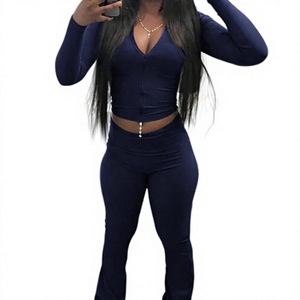 <b>Women's</b> Navy Blue Long Sleeve V-Neck Crop Top High Waist Skinny Leggings Set Tummy Control Shapewear <b>Sexy</b> Clubwear By Twin City - Product Image 1