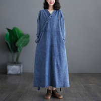 Vente en gros OEM Robe trapèze décontractée été solide col V Maxi taille haute qualité coton Denim pour femmes manches longues avec poches ceintures