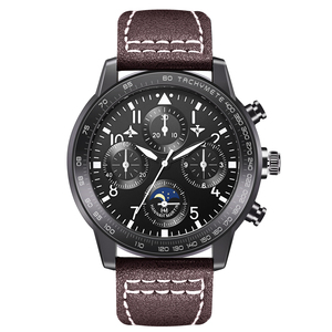 Montre chronographe de style pilote pour homme, lunette tachymètre, phase de lune, bracelet en cuir noir - Product Image 5