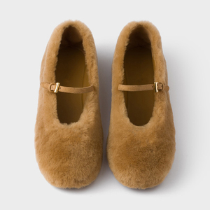 Ballerine OEM con Punta Rotonda in Pelliccia di Coniglio per <span class=keywords><strong>Donna</strong></span>, Vendita all'Ingrosso, Taglie Grandi, con Cinturino e Fibbia, <span class=keywords><strong>Scarpe</strong></span> Casual Invernali Stile Mary Jane Color <span class=keywords><strong>Cammello</strong></span> - Product Image 2