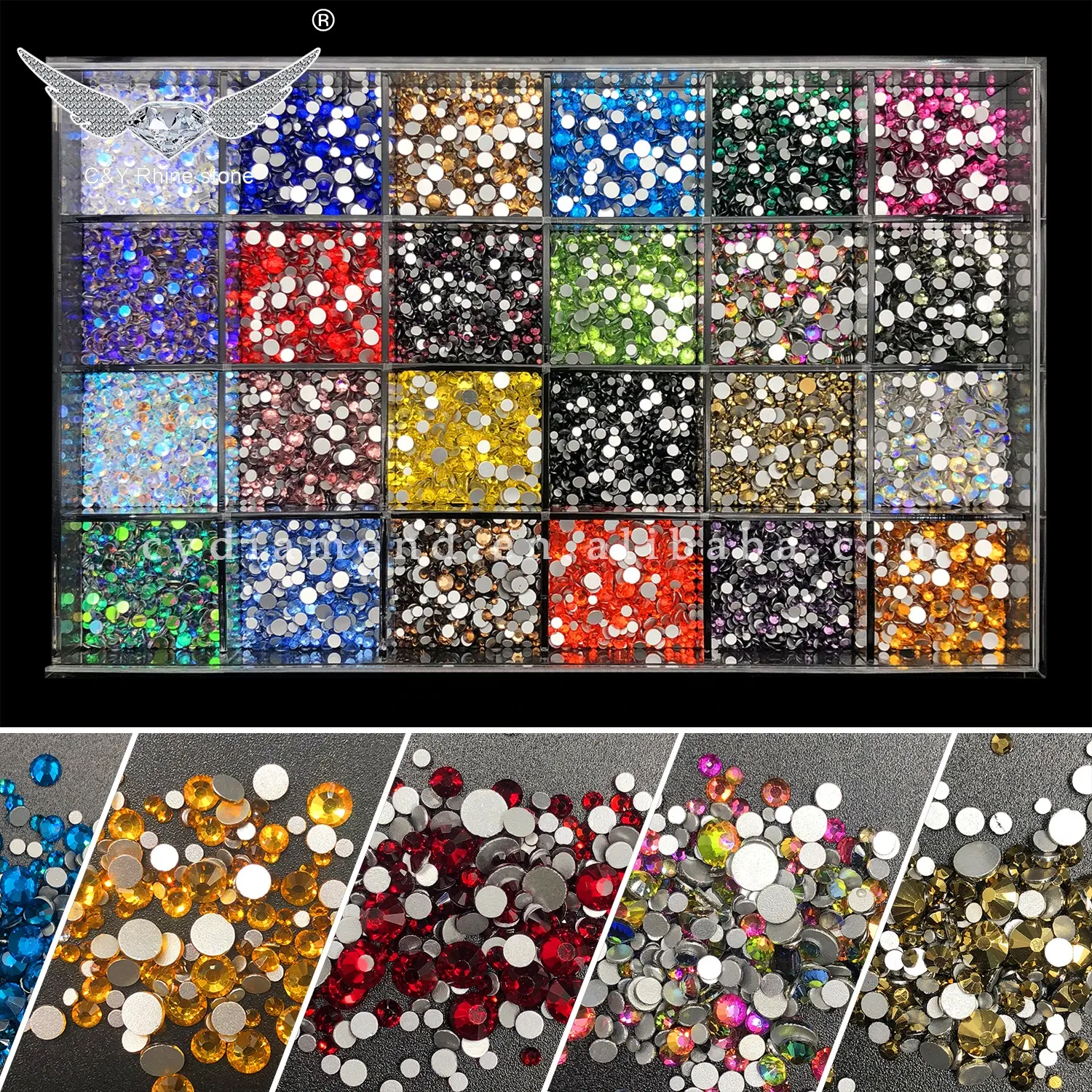 CY Nail Art Accessories Mix tailles pierres rondes décoration cristaux formes pour ongles strass verre strass 2 boîtes couleurs