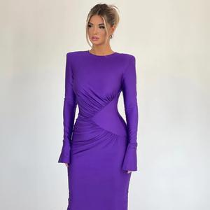 Col rond épaule <span class=keywords><strong>droite</strong></span> manches évasées plissé coupe ajustée couverture fesses robes formelles femmes robes de soirée robes de luxe - Product Image 5