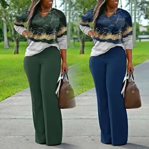 spring fall new plus size women clothing ladies casual long sleeve printing t shirt top pants two piece women's sets