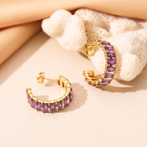 18K זהב מצופה אופנתי ללא להכתים בצבע C בצורת פתוח חישוק Huggie נירוסטה בגט מעוקב זירקון עגילי עבור נשים - Product Image 4