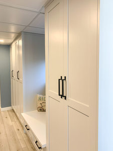 Meuble de rangement CANA sur mesure pour entrée, prix usine, unité de rangement moderne en bois blanc pour couloir avec banc intégré, meilleur prix - Product Image 5