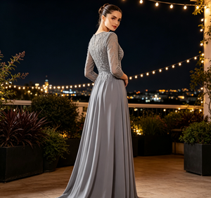 Vestido <span class=keywords><strong>de</strong></span> Noche Elegante Gris <span class=keywords><strong>de</strong></span> Gasa para <span class=keywords><strong>Fiesta</strong></span> <span class=keywords><strong>de</strong></span> Gala 2026, Estilo Tradicional Chino, Línea A, Impresionante Vestido <span class=keywords><strong>de</strong></span> Noche Gris con Cuentas, Manga 3/4 - Product Image 4