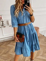 Robe chemise en jean évasée superposée boutonnée à demi-manches décontractée d'été pour femme