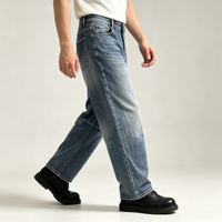 Jeans coupe large pour homme, bleu, denim délavé vintage, jambe ample, coutures apparentes, genoux délavés, pantalon décontracté, OEM, personnalisé, vente en gros, en vrac