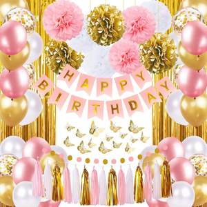 Décorations de fête d'anniversaire rose et or pour femmes avec bannière Joyeux anniversaire, rideaux, papier peint mural papillon, glands et guirlande - Product Image 1