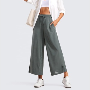 Pantalon de printemps personnalisé vierge taille élastique avec cordon de serrage réglable pantalon large en polyester à séchage rapide pour femmes avec ourlet fendu - Product Image 6