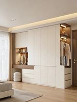 Armoire de chambre intégrée moderne sur mesure avec coiffeuse intégrée et panneau mural de lit, dressing sur mesure pour toute la maison