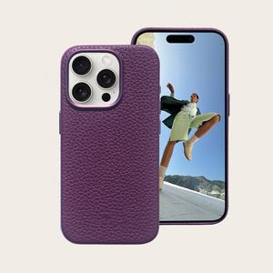 Etui en cuir véritable couverture arrière en cuir galet pleine fleur couverture de téléphone magnétique pour iPhone 15 Pro - Product Image 2