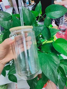 Bicchiere in Vetro da 16oz 20oz, Tazza per Acqua con Cannuccia, Senza BPA, Bottiglia per Bevande con Coperchio in Bambù e Colore Sfumato - Product Image 5