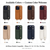 Étui de téléphone en cuir pleine fleur grainé avec emplacements pour cartes et dragonne, sangle bandoulière détachable pour iPhone 17 18 Pro Max Duo